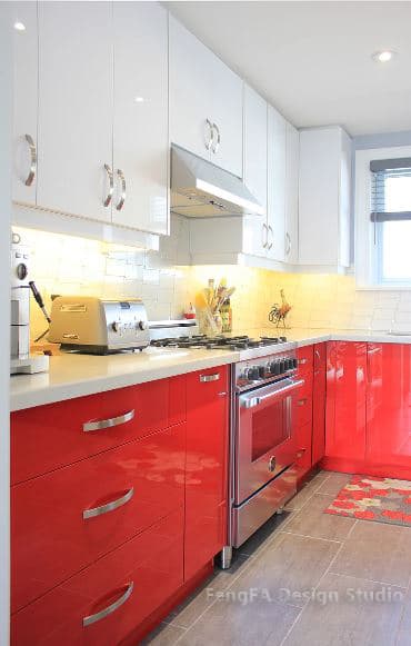 Contemporary Kitchen Featuring High Gloss Red and White Cabinet Match