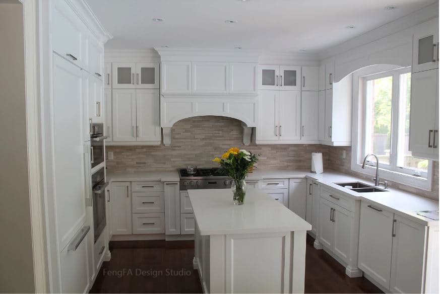 Transitional/Modern U Shape Kitchen Featuring All White Cabinetry and Flush Appliance Design