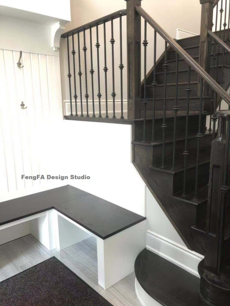 House Entrance Space – Matching Theme Sitting Space, Panel Decorated Wall, and Floating Storage Cabinet