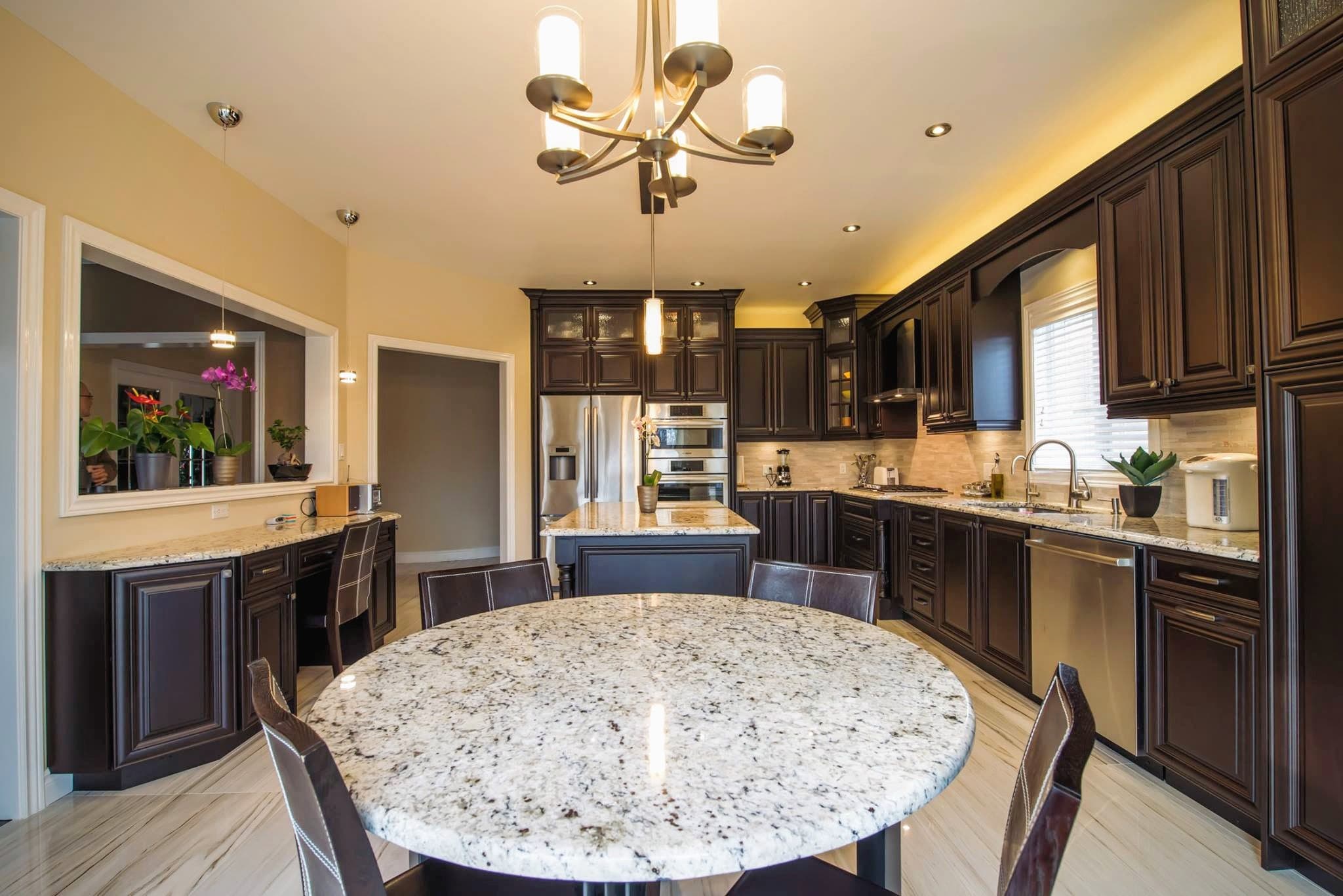 Traditional Kitchen in L Shape Design with Dark Stain Finish