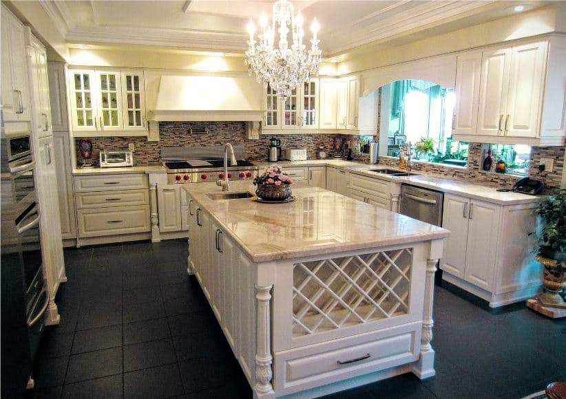 Traditional Kitchen with MDF Painted Doors, Central Island Wine Rack, and Incorporated Post Decorations