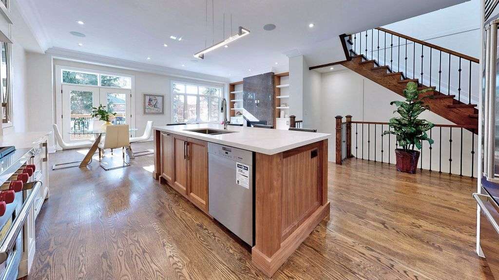 Transitional Kitchen ft Walnut Finish Central Island and White Finish L Shape Cabinetry