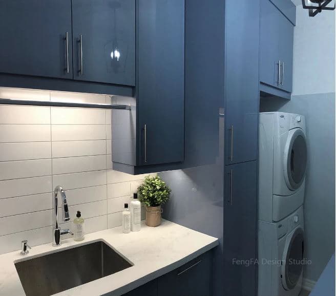 Laundry Room with Blue High Gloss Cabinetry