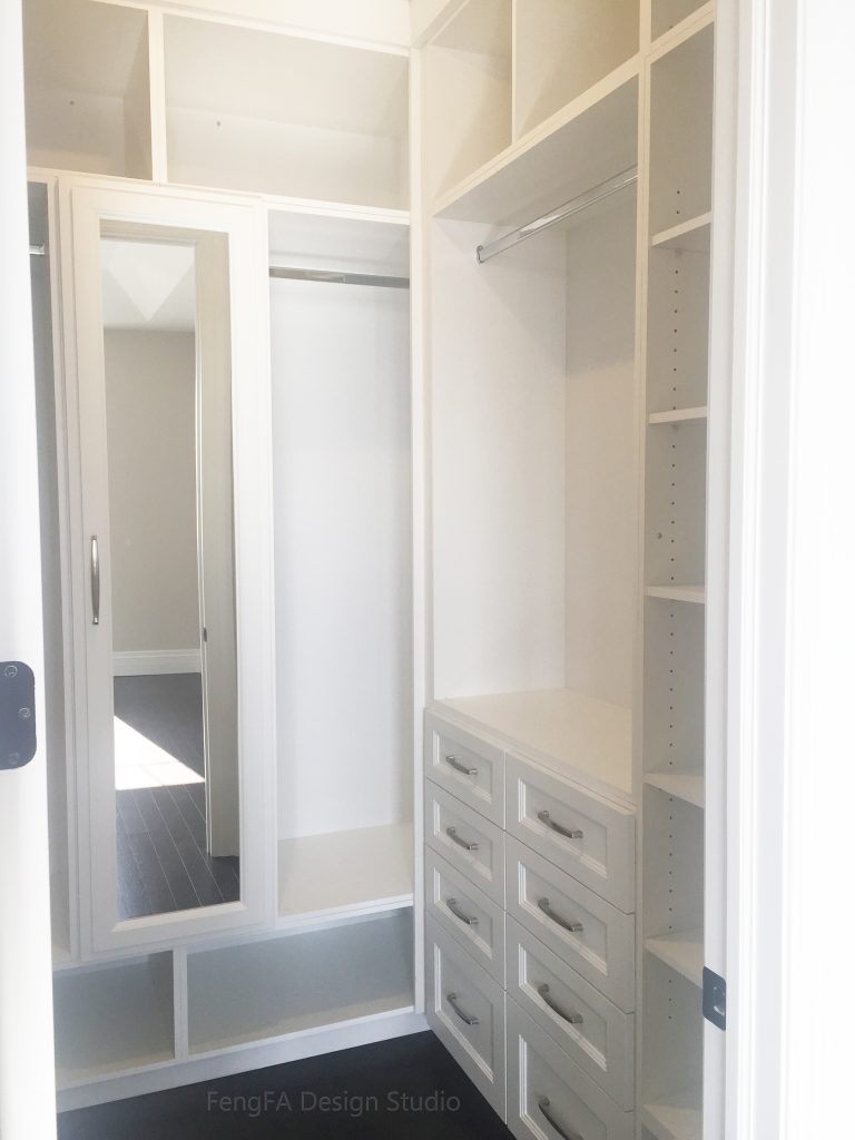 All White Closet Space - White Melamine Board Cabinets with Painted White Door